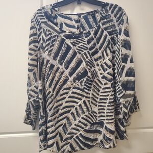 Sami & Jo Navy Tan Printed Chiffon Blouse Large Button Sleeve Top